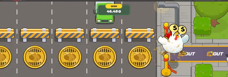 De kip staat aan de stoeprand van Chicken Road 2, met rijbanen en munten met multipliers ervoor