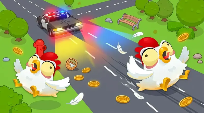 Twee cartoonkippen steken een stadsweg over terwijl een politieauto nadert, artwork van Chicken Road 2